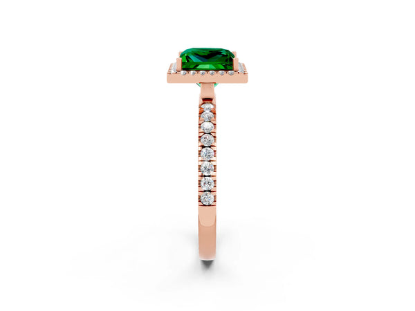 Rose gold Princess Cut Emerald Classic Halo Engagement Ring with Round Pavé Band and Prong Setting