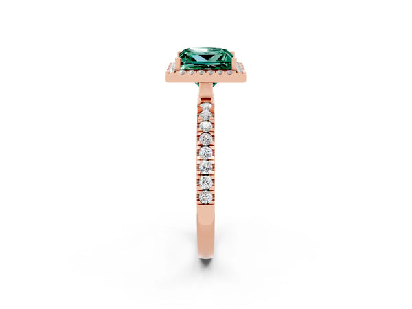 Rose gold Princess Cut Green Sapphire Classic Halo Engagement Ring with Round Pavé Band and Prong Setting