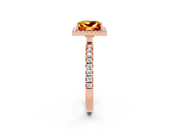 Rose gold Princess Cut Citrine Classic Halo Engagement Ring with Round Pavé Band and Prong Setting