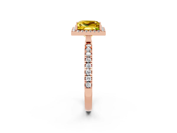 Rose gold Princess Cut Yellow Sapphire Classic Halo Engagement Ring with Round Pavé Band and Prong Setting