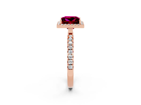Rose gold Princess Cut Garnet Classic Halo Engagement Ring with Round Pavé Band and Prong Setting