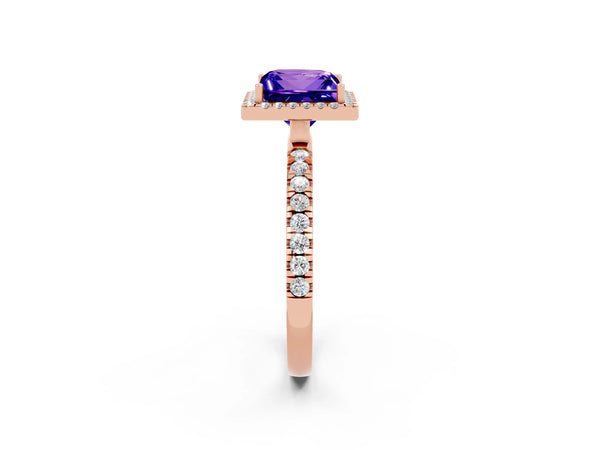 Rose gold Princess Cut Tanzanite Classic Halo Engagement Ring with Round Pavé Band and Prong Setting