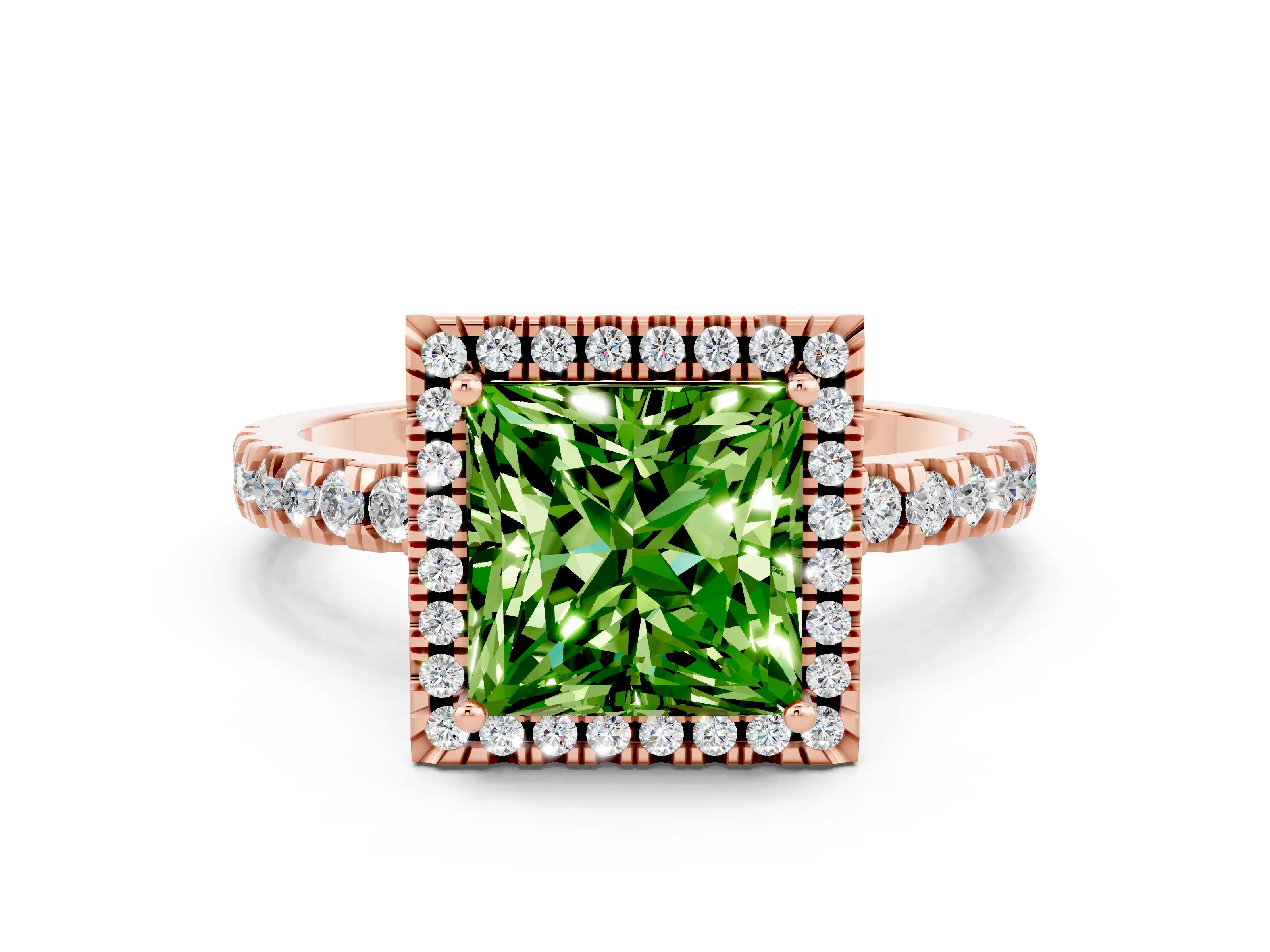 Rose gold Princess Cut Halo Diamond Pave Band with Prong Setting