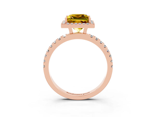 Rose gold Princess Cut Yellow Sapphire Classic Halo Engagement Ring with Round Pavé Band and Prong Setting