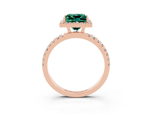 Rose gold Princess Cut Green Sapphire Classic Halo Engagement Ring with Round Pavé Band and Prong Setting