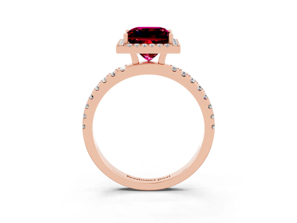 Rose gold Princess Cut Garnet Classic Halo Engagement Ring with Round Pavé Band and Prong Setting