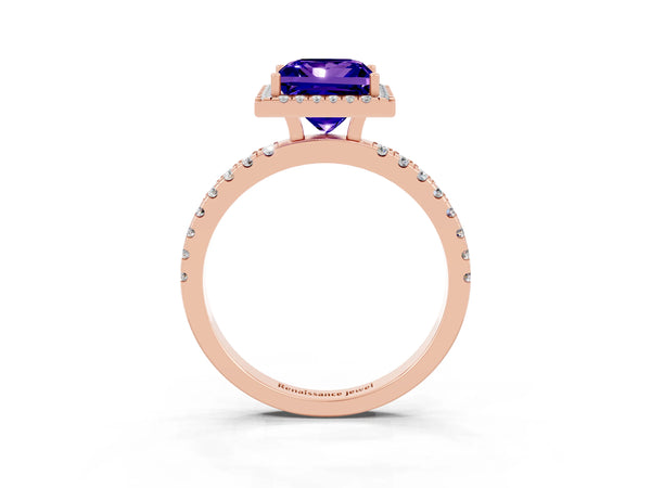 Rose gold Princess Cut Tanzanite Classic Halo Engagement Ring with Round Pavé Band and Prong Setting