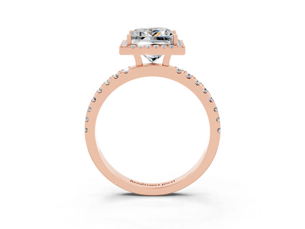 Rose gold Princess Cut Moissanite Classic Halo Engagement Ring with Round Pavé Band and Prong Setting