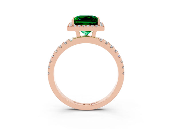 Rose gold Princess Cut Emerald Classic Halo Engagement Ring with Round Pavé Band and Prong Setting