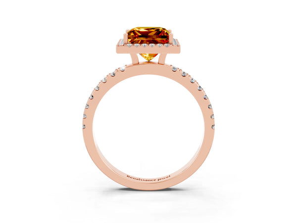 Rose gold Princess Cut Citrine Classic Halo Engagement Ring with Round Pavé Band and Prong Setting