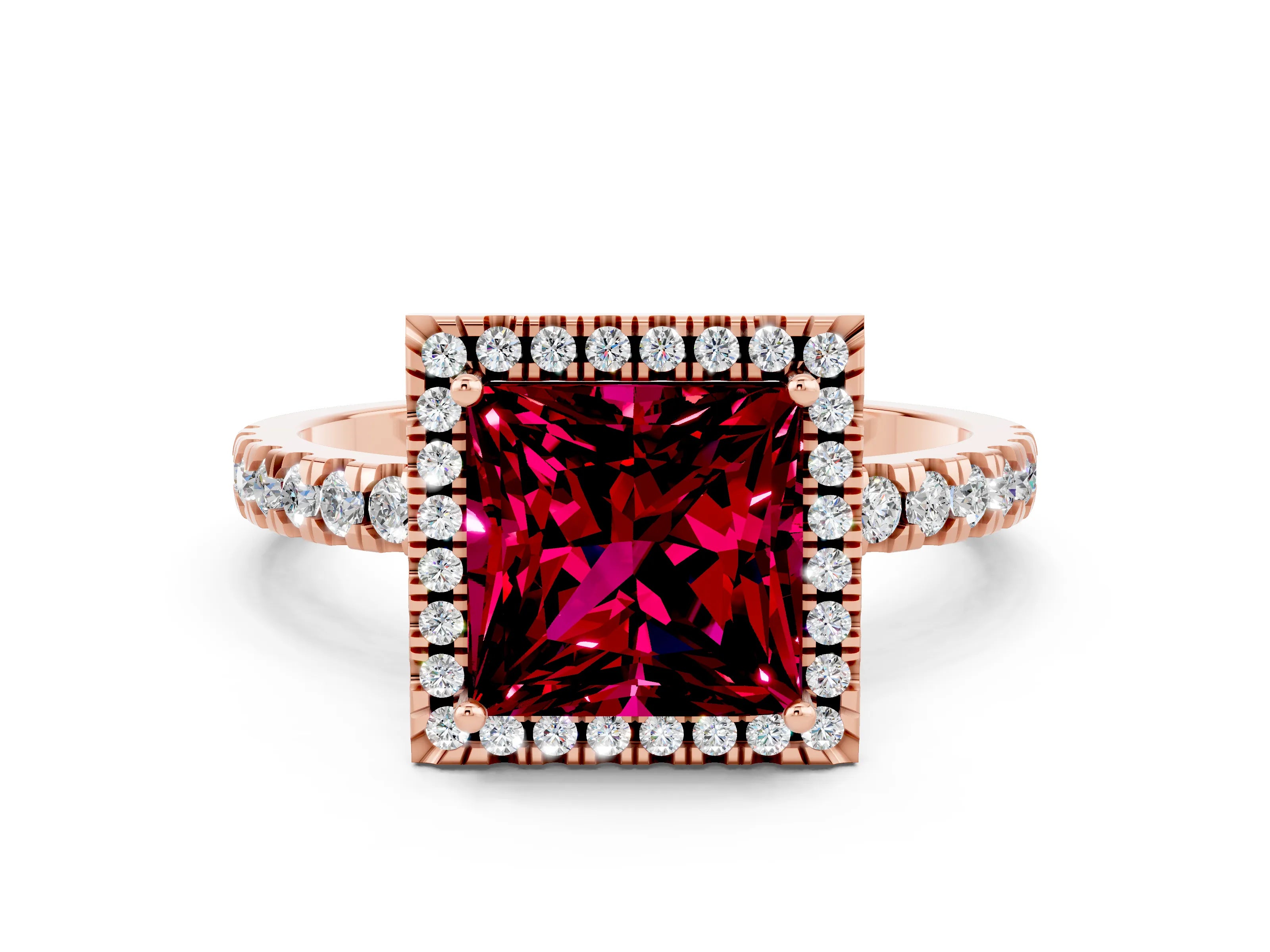 Rose gold Princess Cut Halo Diamond Pave Band with Prong Setting