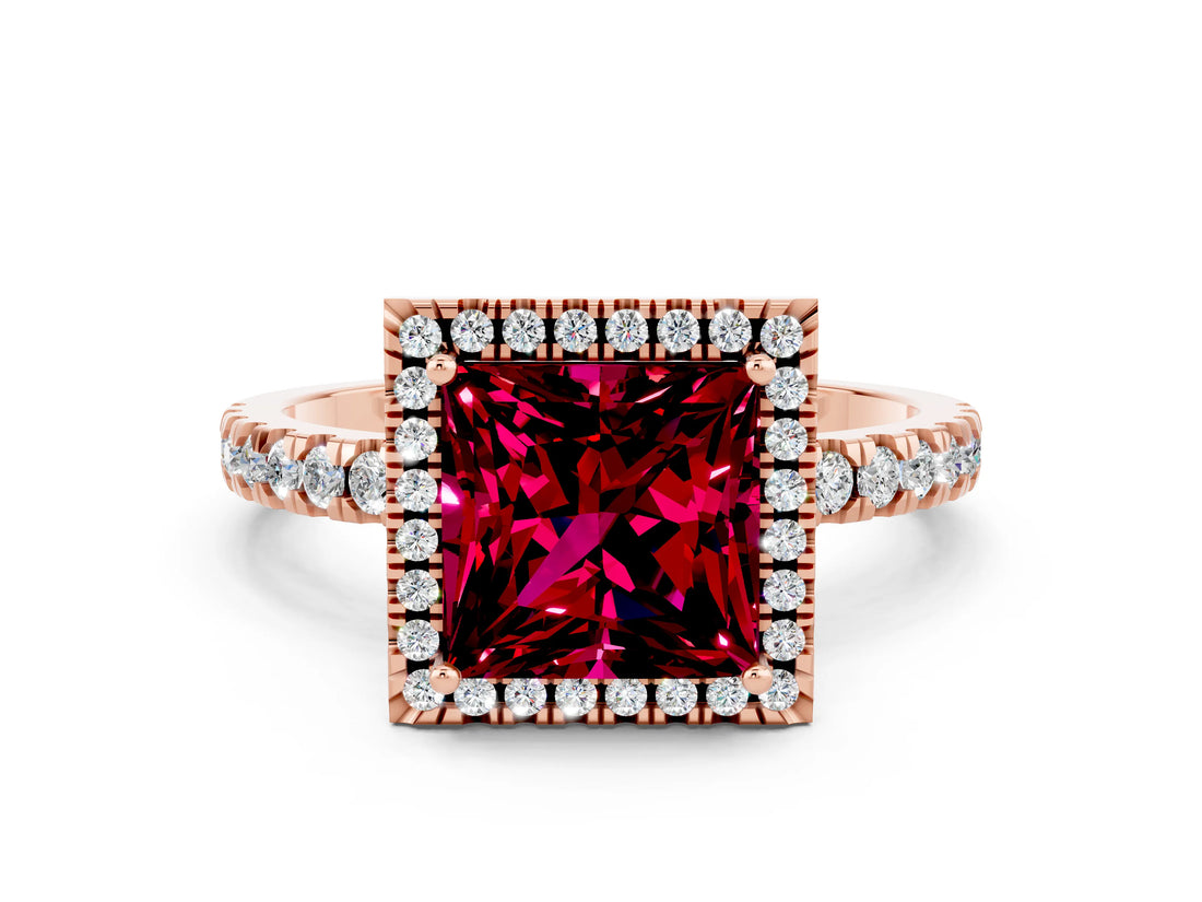 Rose gold Princess Cut Halo Diamond Pave Band with Prong Setting