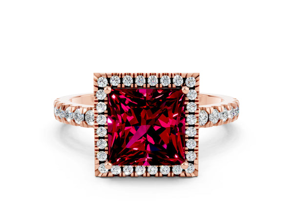 Rose gold Princess Cut Garnet Classic Halo Engagement Ring with Round Pavé Band and Prong Setting
