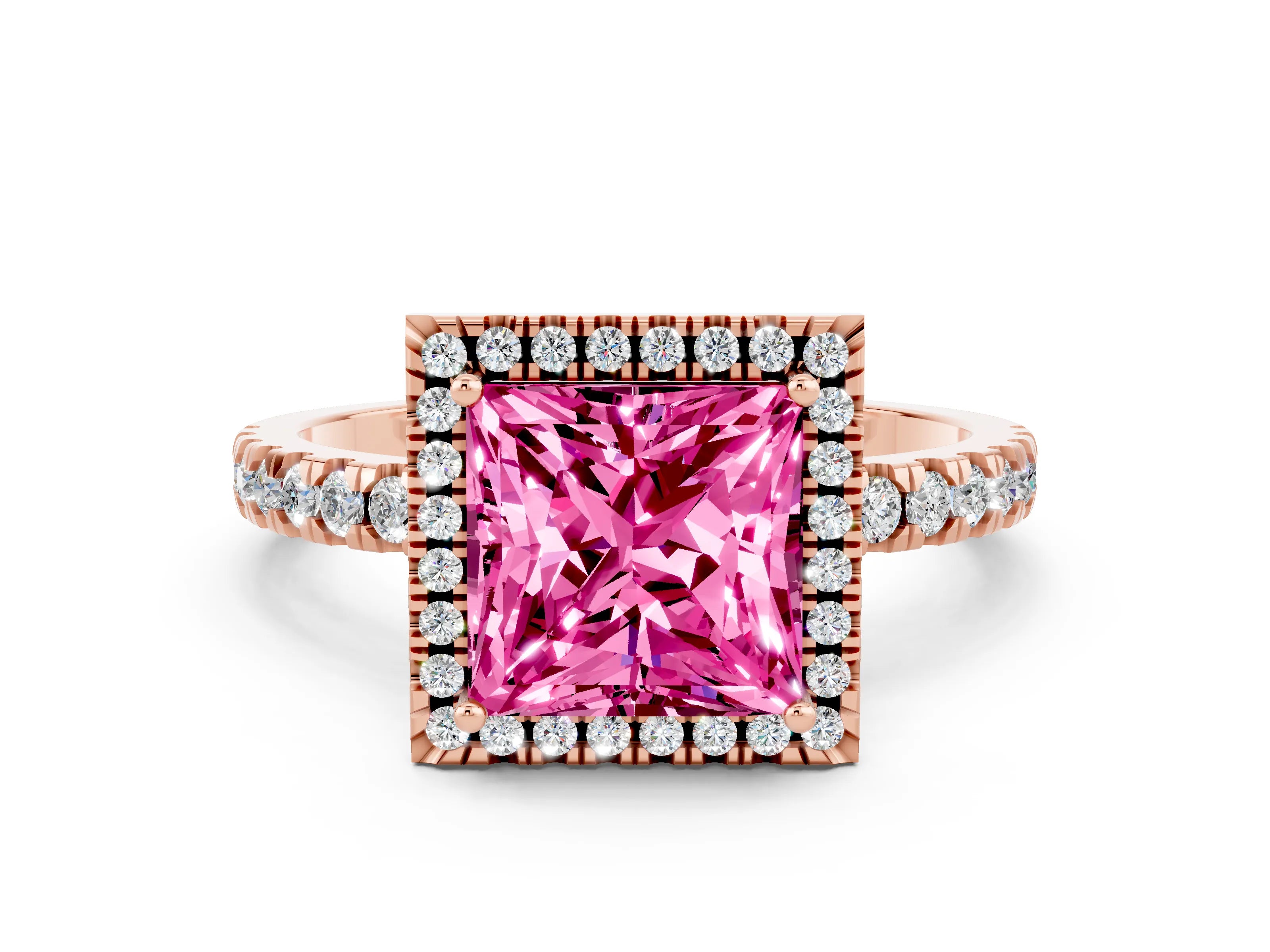 Rose gold Princess Cut Halo Diamond Pave Band with Prong Setting
