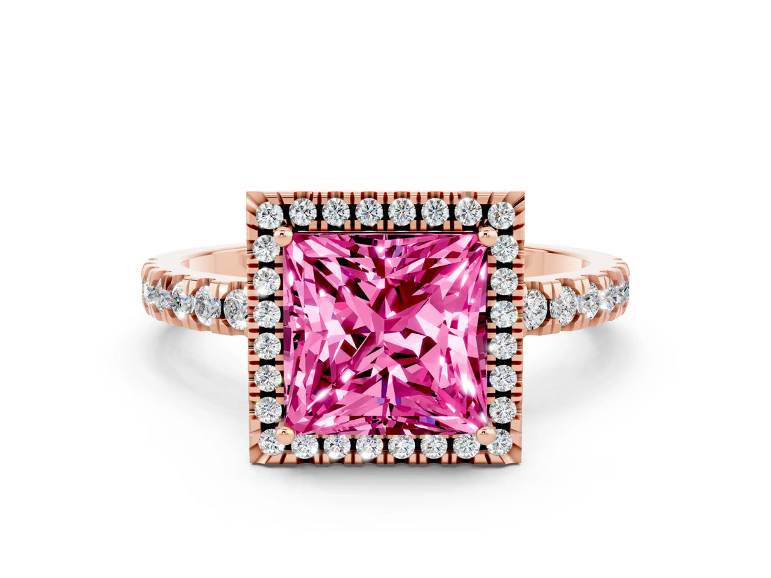 Rose gold Princess Cut Halo Diamond Pave Band with Prong Setting
