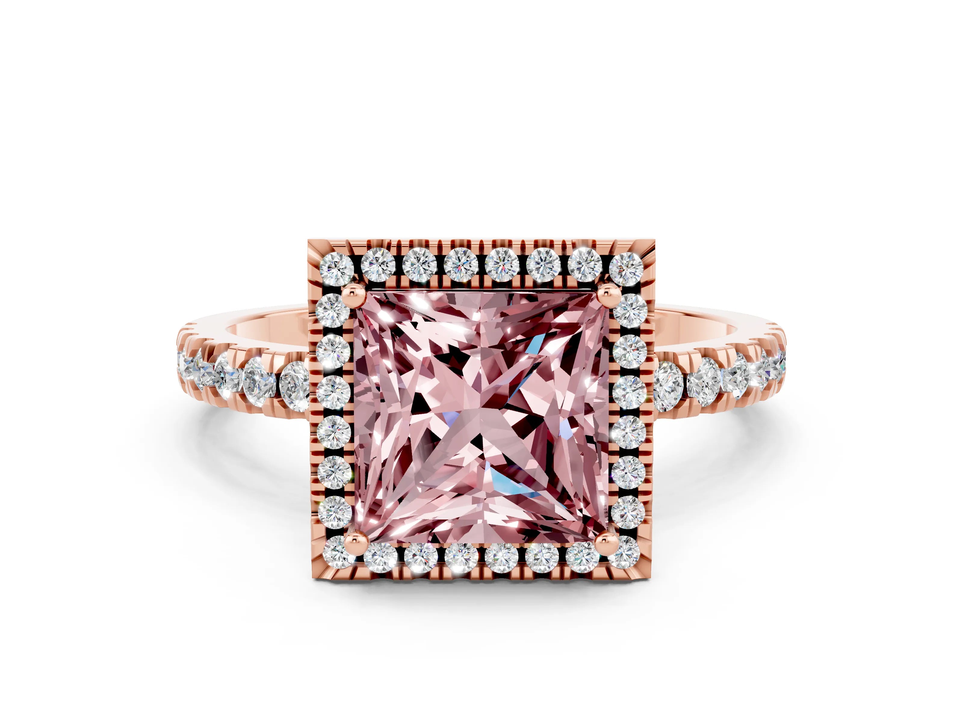 Rose gold Princess Cut Halo Diamond Pave Band with Prong Setting