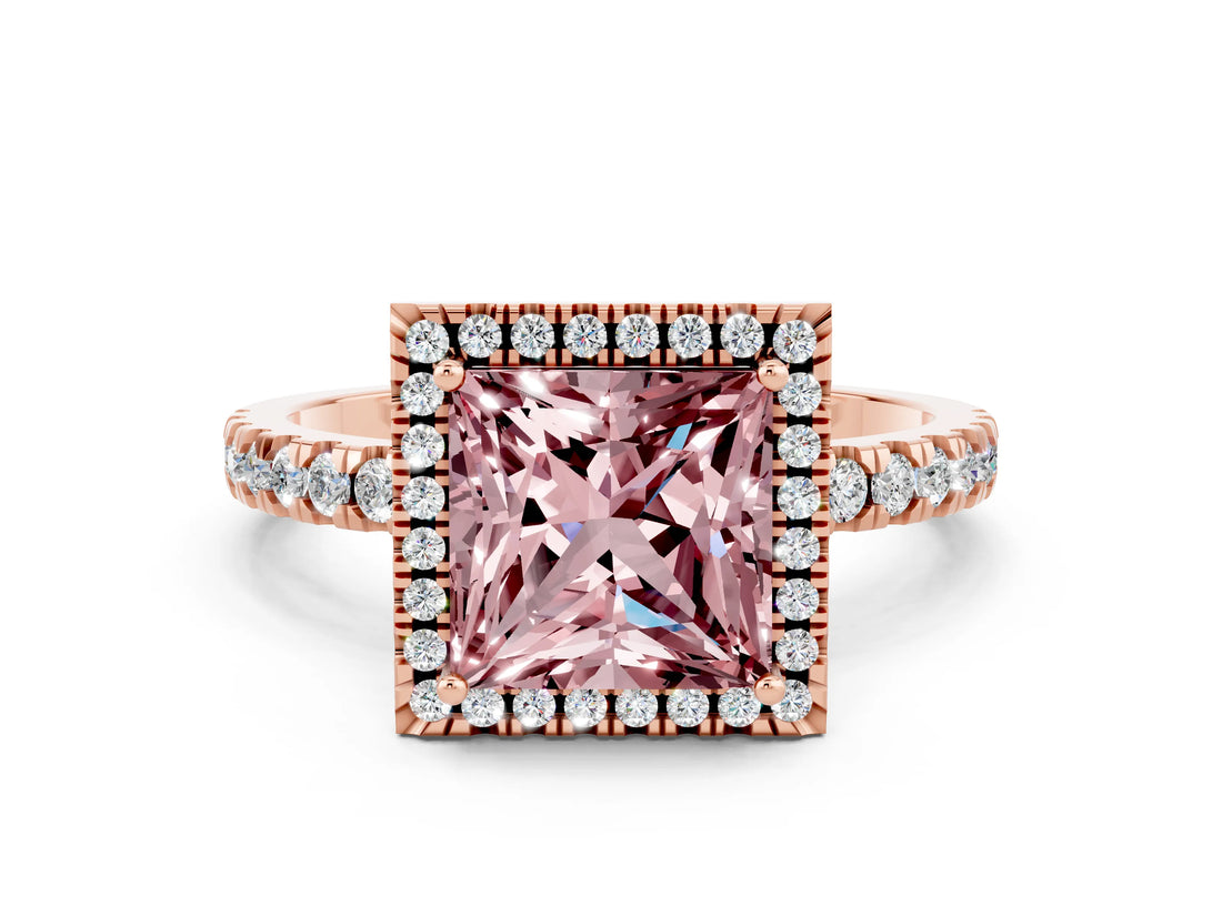 Rose gold Princess Cut Halo Diamond Pave Band with Prong Setting