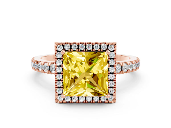 Rose gold Princess Cut Yellow Sapphire Classic Halo Engagement Ring with Round Pavé Band and Prong Setting