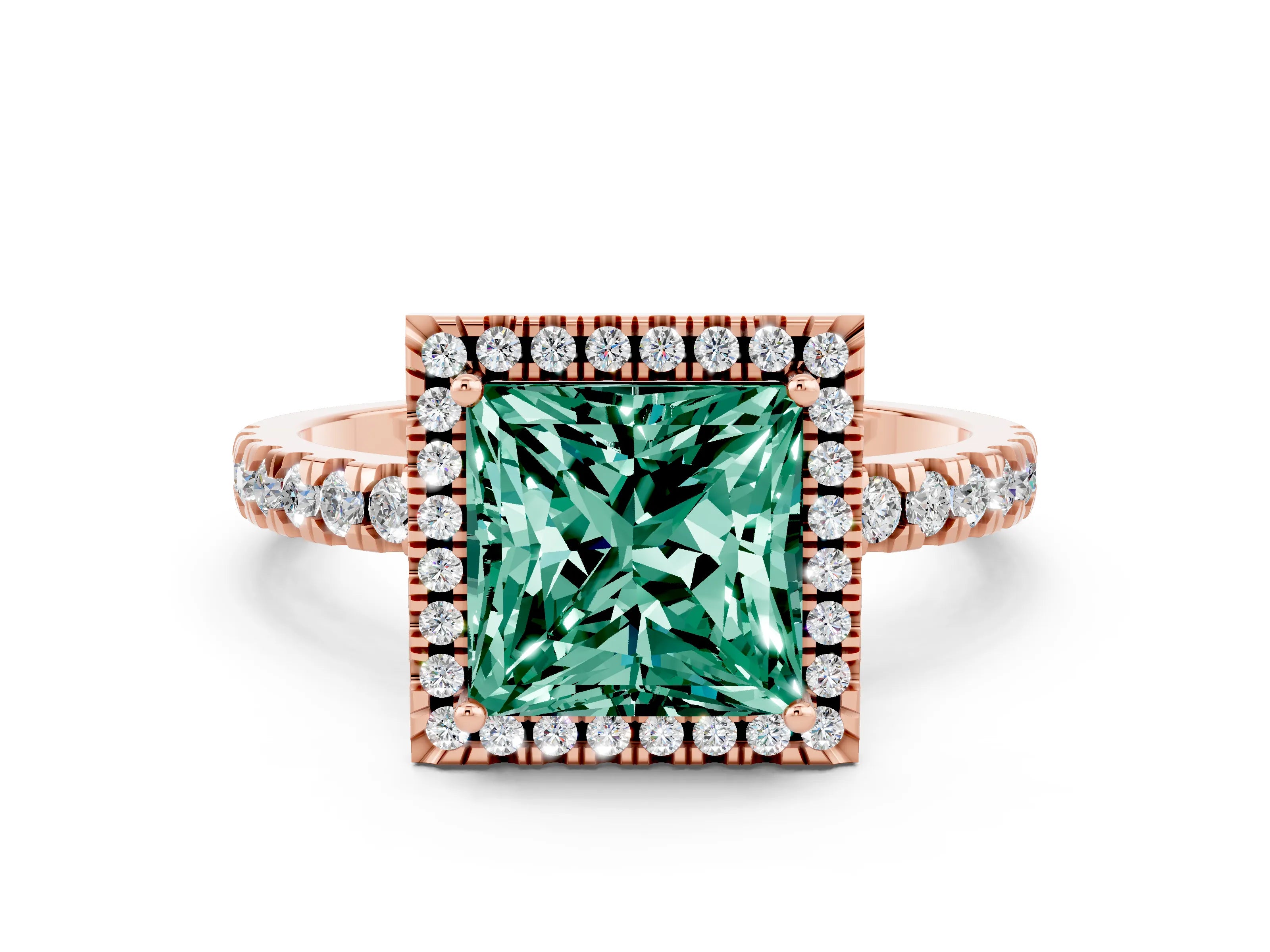 Rose gold Princess Cut Halo Diamond Pave Band with Prong Setting