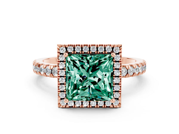 Rose gold Princess Cut Green Sapphire Classic Halo Engagement Ring with Round Pavé Band and Prong Setting