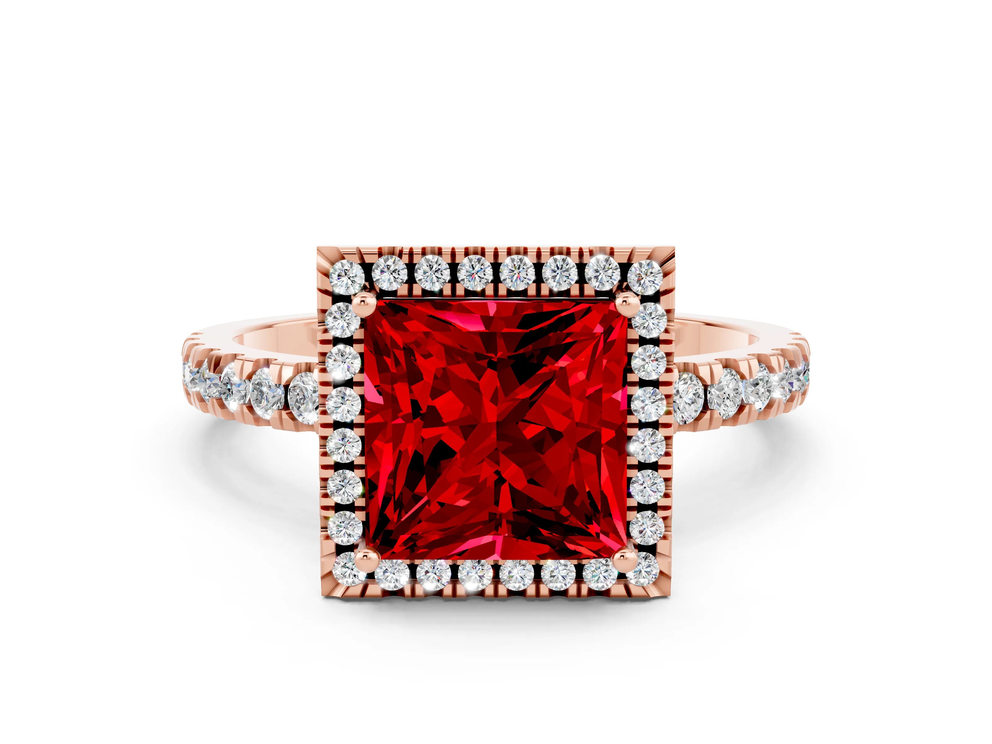 Rose gold Princess Cut Halo Diamond Pave Band with Prong Setting