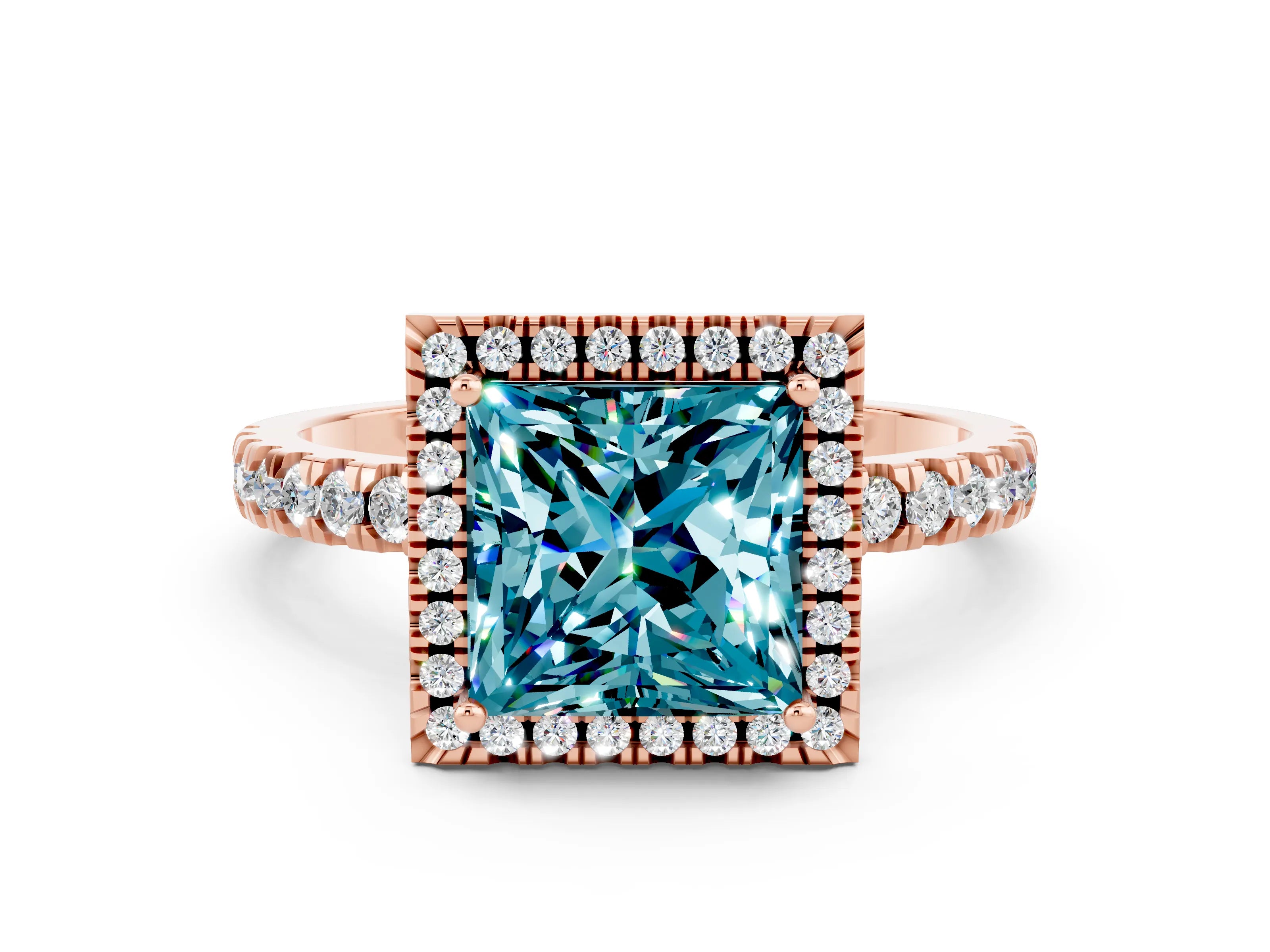 Rose gold Princess Cut Halo Diamond Pave Band with Prong Setting