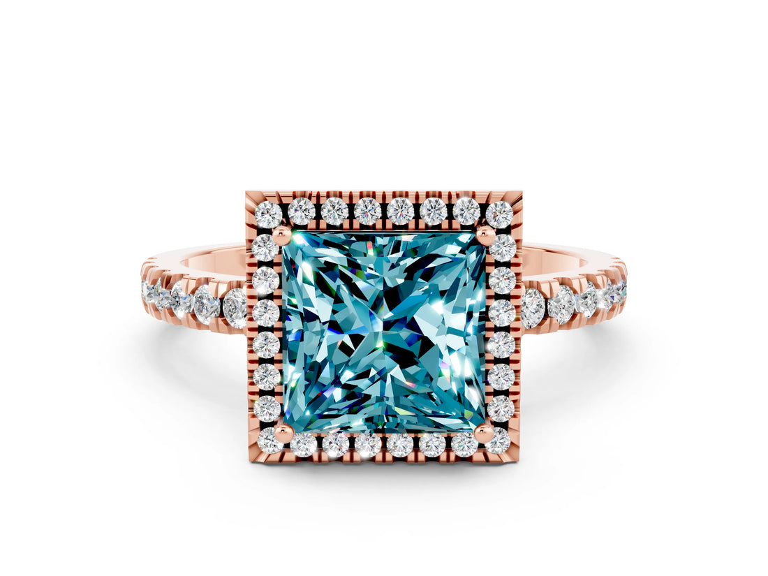 Rose gold Princess Cut Halo Diamond Pave Band with Prong Setting