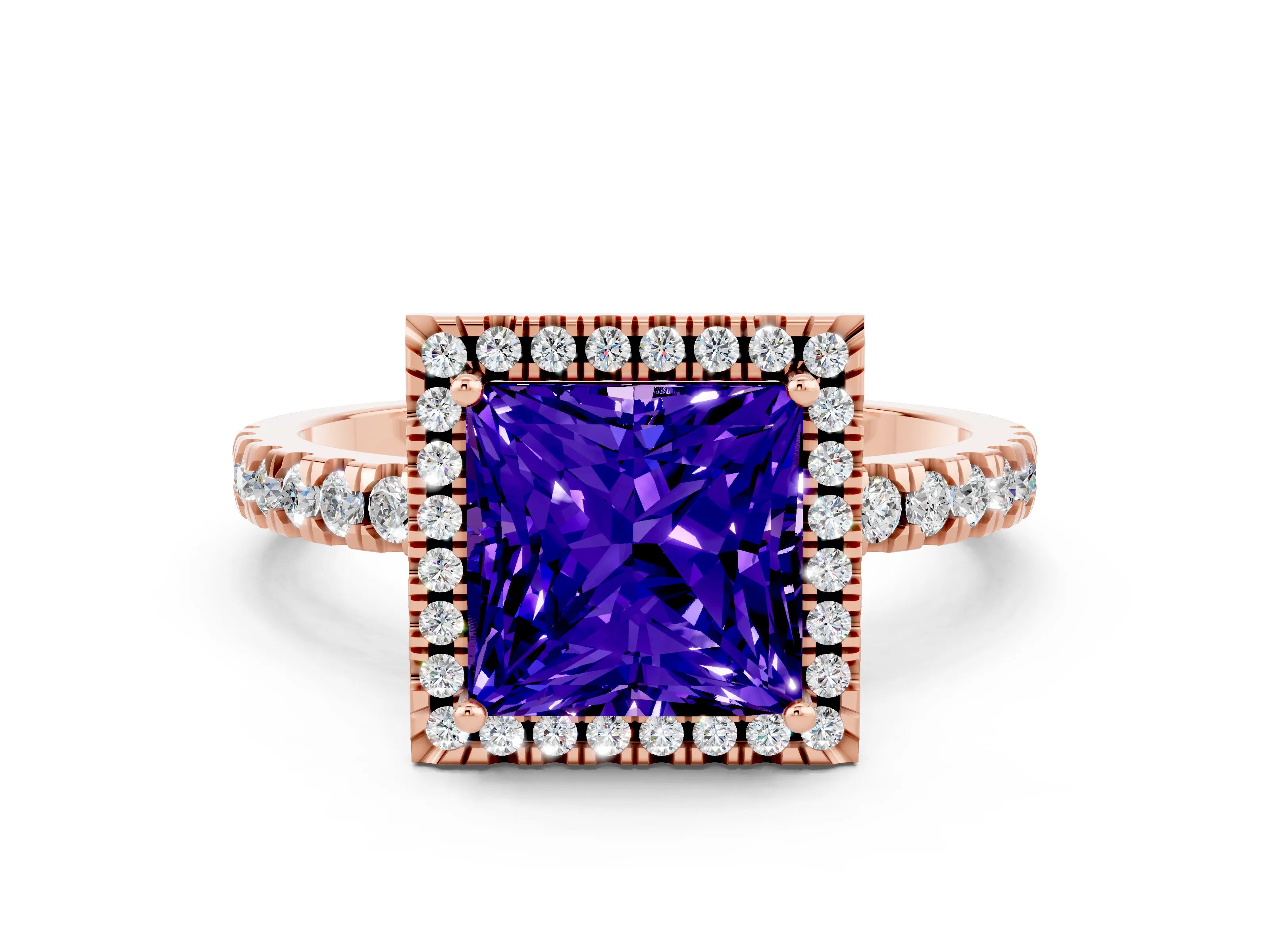 Rose gold Princess Cut Halo Diamond Pave Band with Prong Setting