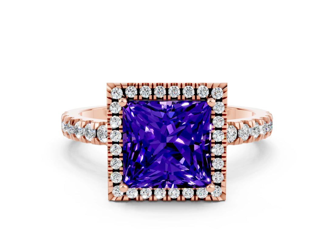 Rose gold Princess Cut Halo Diamond Pave Band with Prong Setting