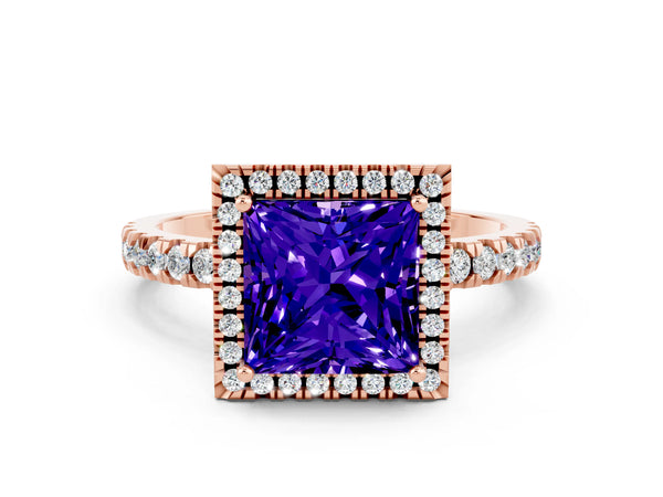 Rose gold Princess Cut Tanzanite Classic Halo Engagement Ring with Round Pavé Band and Prong Setting