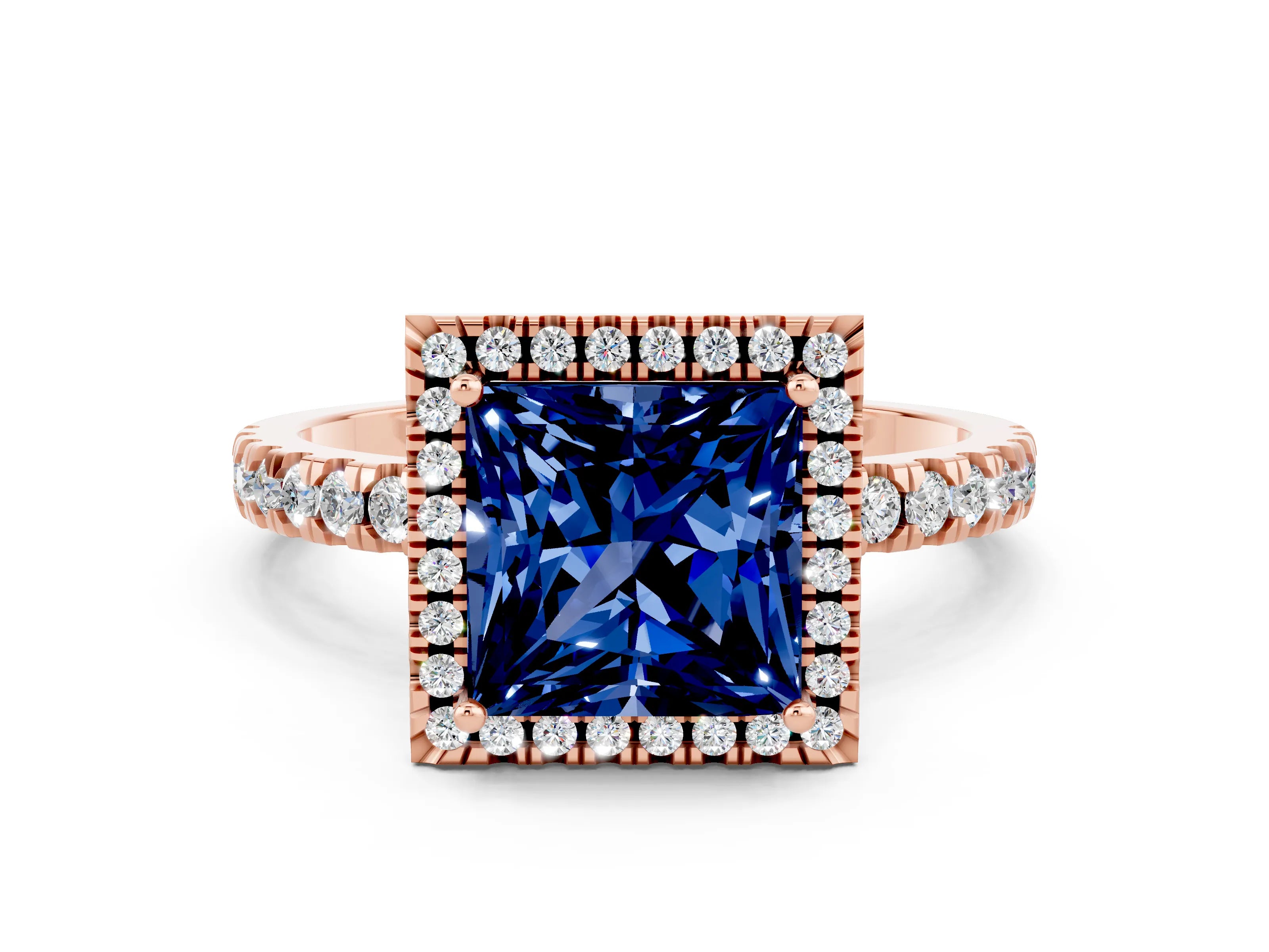 Rose gold Princess Cut Halo Diamond Pave Band with Prong Setting