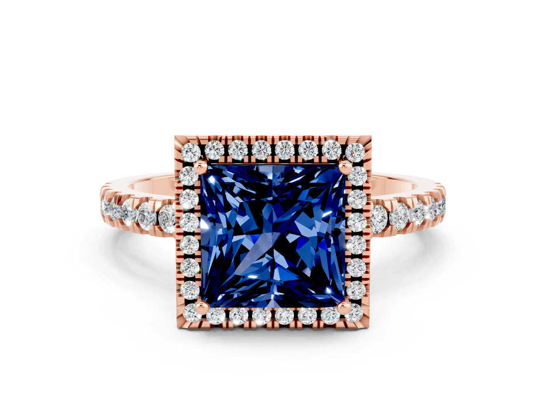 Rose gold Princess Cut Halo Diamond Pave Band with Prong Setting
