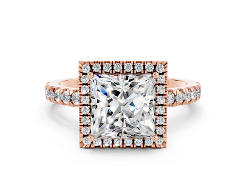 Rose gold Princess Cut Halo Diamond Pave Band with Prong Setting