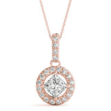 Rose gold Princess Cut Halo Diamond Pendant with Four-Prong Setting