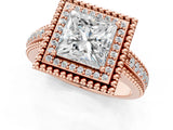Rose gold Princess Cut Halo Diamond Ring with Beaded Split Shank and Four-Prong Setting_10
