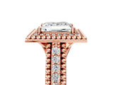 Rose gold Princess Cut Halo Diamond Ring with Beaded Split Shank and Four-Prong Setting_14