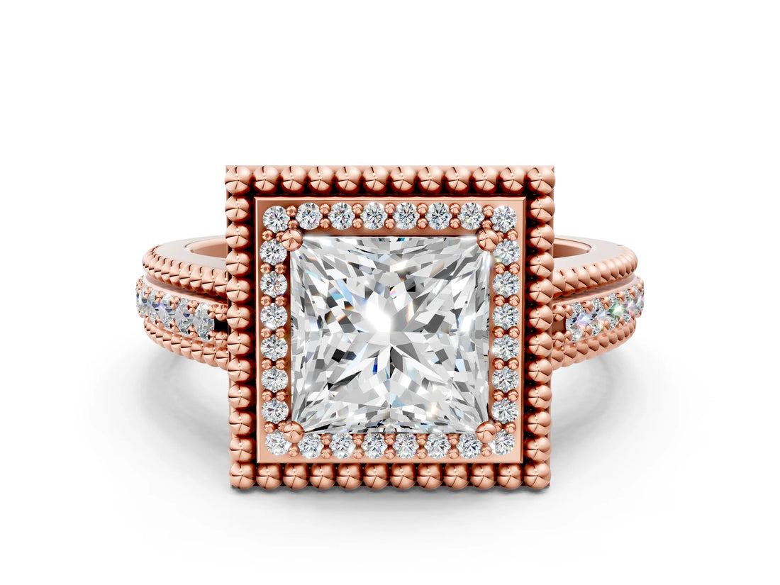 Rose gold Princess Cut Halo Diamond Ring with Beaded Split Shank and Four-Prong Setting_9