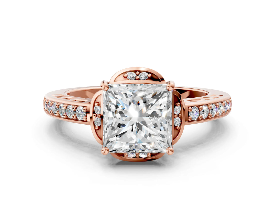 Rose gold Princess Cut Halo Diamond Ring with Channel Set Band and Four-Prong Setting_32