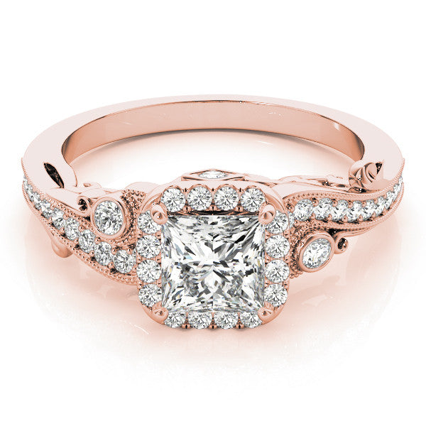Rose gold Princess Cut Halo Diamond Ring with Milgrain Pave Band and Four-Prong Setting 1