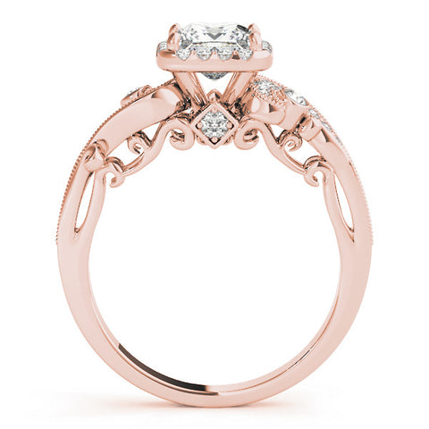 Rose gold Princess Cut Halo Diamond Ring with Milgrain Pave Band and Four-Prong Setting 2