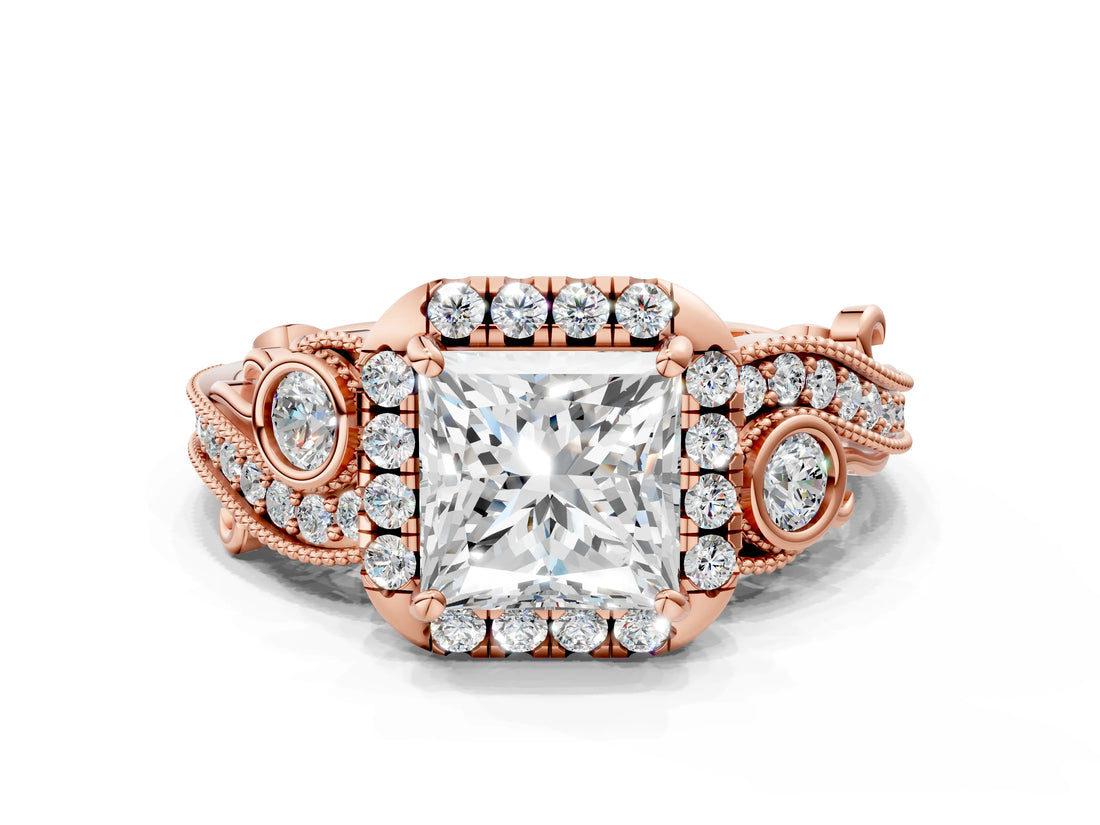 Rose gold Princess Cut Halo Diamond Ring with Milgrain and Bezel Accents on a Split Shank Band_15