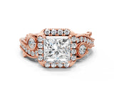 Rose gold Princess Cut Halo Diamond Ring with Milgrain and Bezel Accents on a Split Shank Band_15