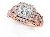 Rose gold Princess Cut Halo Diamond Ring with Milgrain and Bezel Accents on a Split Shank Band_16
