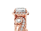 Rose gold Princess Cut Halo Diamond Ring with Milgrain and Bezel Accents on a Split Shank Band_20