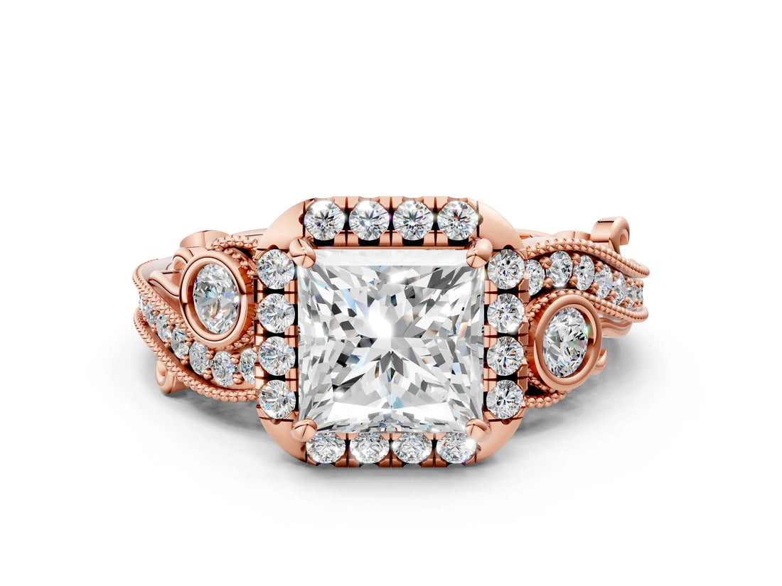 Rose gold Princess Cut Halo Diamond Ring with Milgrain and Bezel Accents on a Split Shank Band_27