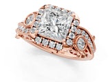 Rose gold Princess Cut Halo Diamond Ring with Milgrain and Bezel Accents on a Split Shank Band_4