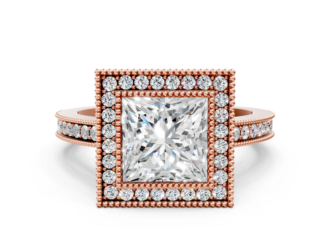 Rose gold Princess Cut Halo Diamond Ring with Pavé Band and Milgrain Prong Setting_32