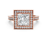 Rose gold Princess Cut Halo Diamond Ring with Pavé Band and Milgrain Prong Setting_32