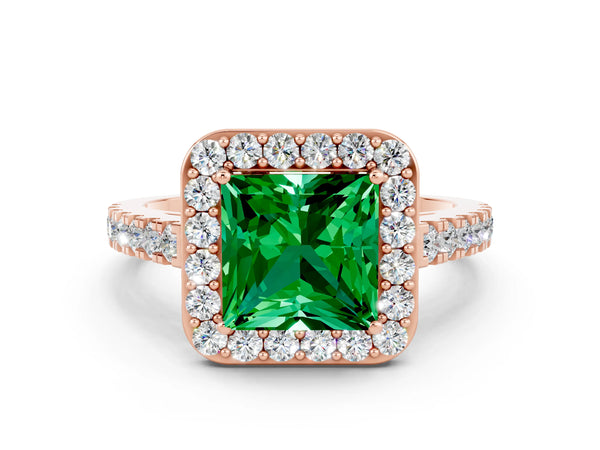 Rose gold Princess Cut Emerald Halo Ring with Round Pavé Split Shank and Prong Setting