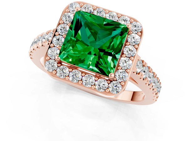 Rose gold Princess Cut Emerald Halo Ring with Round Pavé Split Shank and Prong Setting